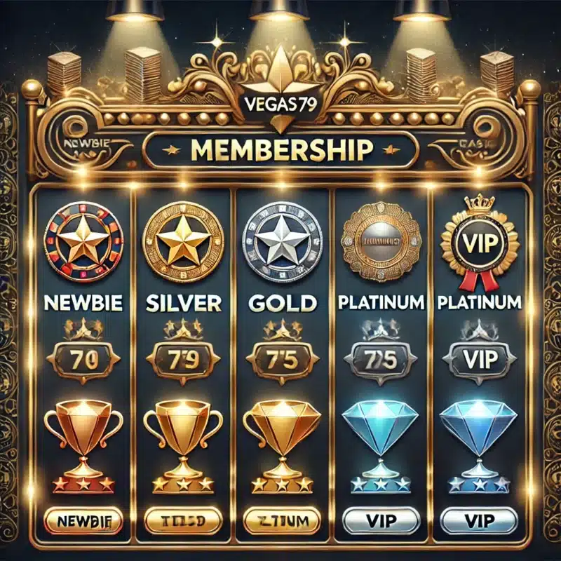DALL·E 2025 03 24 10.17.10 A visually appealing digital illustration of a membership ranking board for an online casino named Vegas79. The board includes tiers such as Newbie