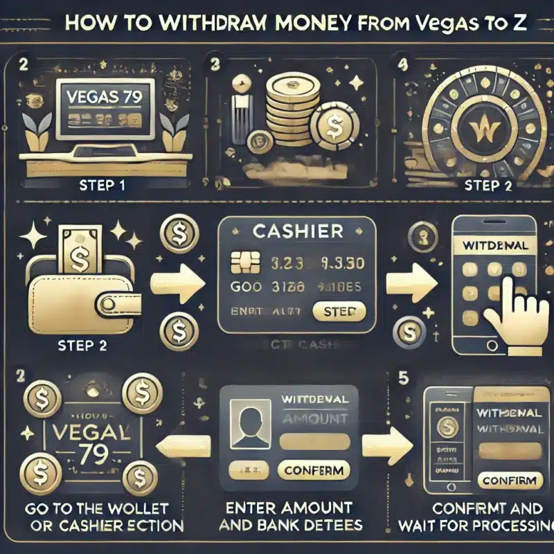 DALL·E 2025 03 24 10.17.13 An infographic style digital illustration titled How to Withdraw Money from Vegas79 A to Z. The layout includes a step by step visual guide Step